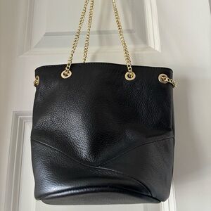 Black Leather Bucket Bag with Gold Chain
